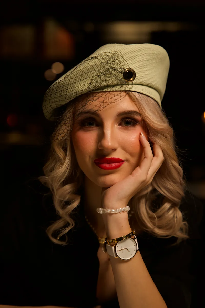 Editorial beauty look with a red lip and veiled beret by Arsh Sandhu Allure – Toronto, Ontario