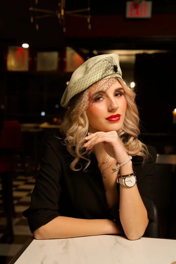Editorial beauty look with a red lip and vintage veiled beret by Arsh Sandhu Allure – Mississauga, Ontario